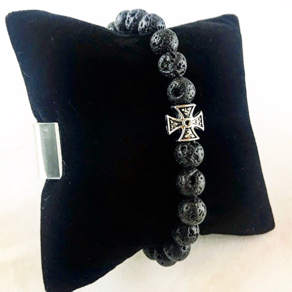 🔴Men / women Lava rock silver cross bead bracelet - Picture 5 of 8